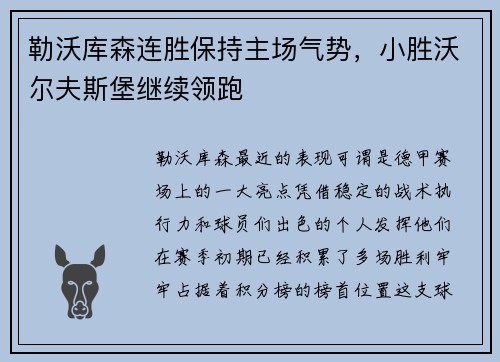 勒沃库森连胜保持主场气势，小胜沃尔夫斯堡继续领跑